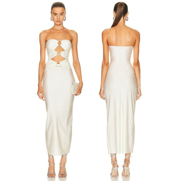 Shani Shemer Lily Lycra Strapless Maxi Dress Cut Out Ring Embellished Cream Sz M